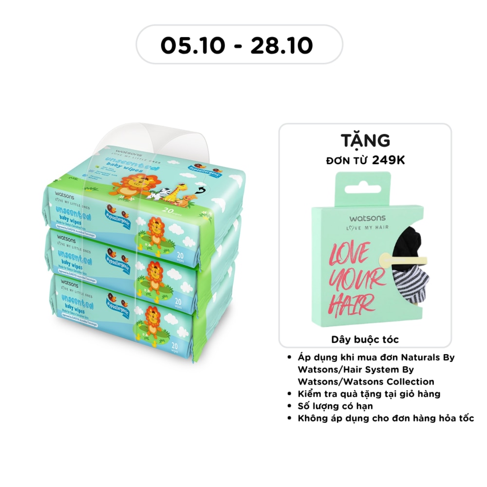 Khăn Ướt Không Mùi Watsons Unscented Baby Wipes (Trơn) 20 Miếng x 3 Gói image
