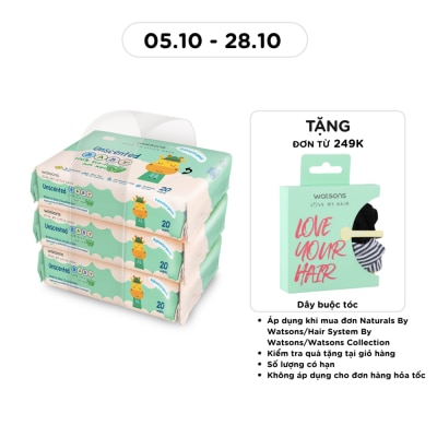 WATSONS Khăn Ướt Không Mùi Watsons Unscented Baby Soft Wipes (Dập nổi) 20 Miếng x 3 Gói image