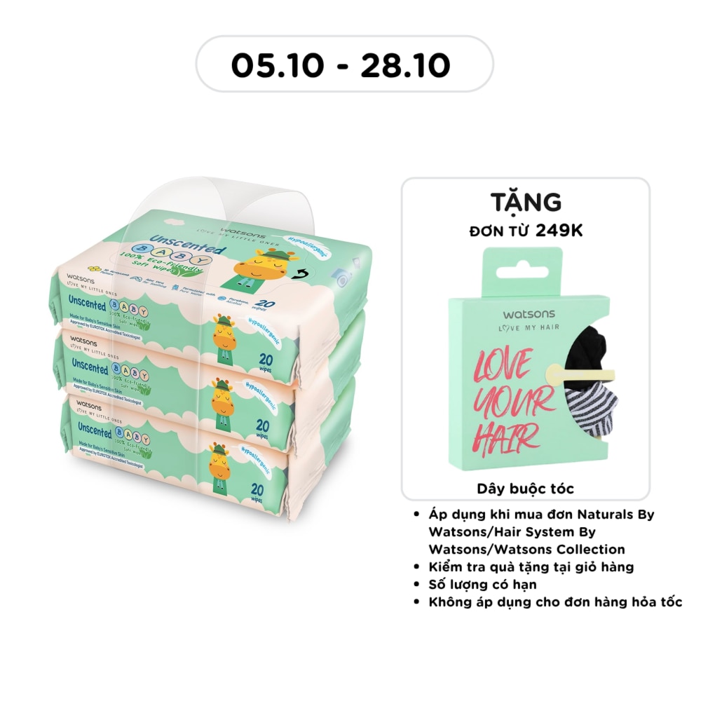 Khăn Ướt Không Mùi Watsons Unscented Baby Soft Wipes (Dập nổi) 20 Miếng x 3 Gói image