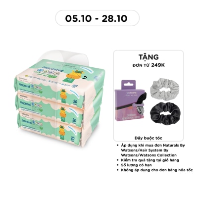 WATSONS Khăn Ướt Không Mùi Watsons Unscented Baby Soft Wipes (Dập nổi) 20 Miếng x 3 Gói image
