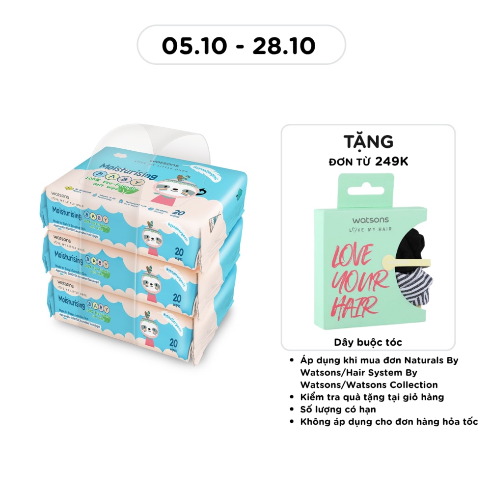 Khăn Ướt Dưỡng Ẩm Watsons Moisturising Baby Soft Wipes (Dập nổi) 20 Miếng x 3 Gói image