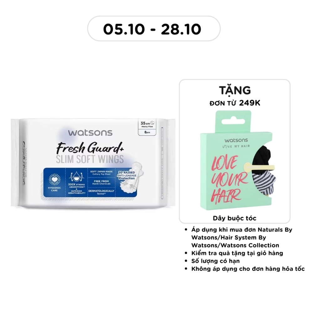Băng Vệ Sinh Ban Đêm Mỏng Có Cánh Watsons Fresh Guard Slim Wings Napkin 35cm x 8 Miếng image