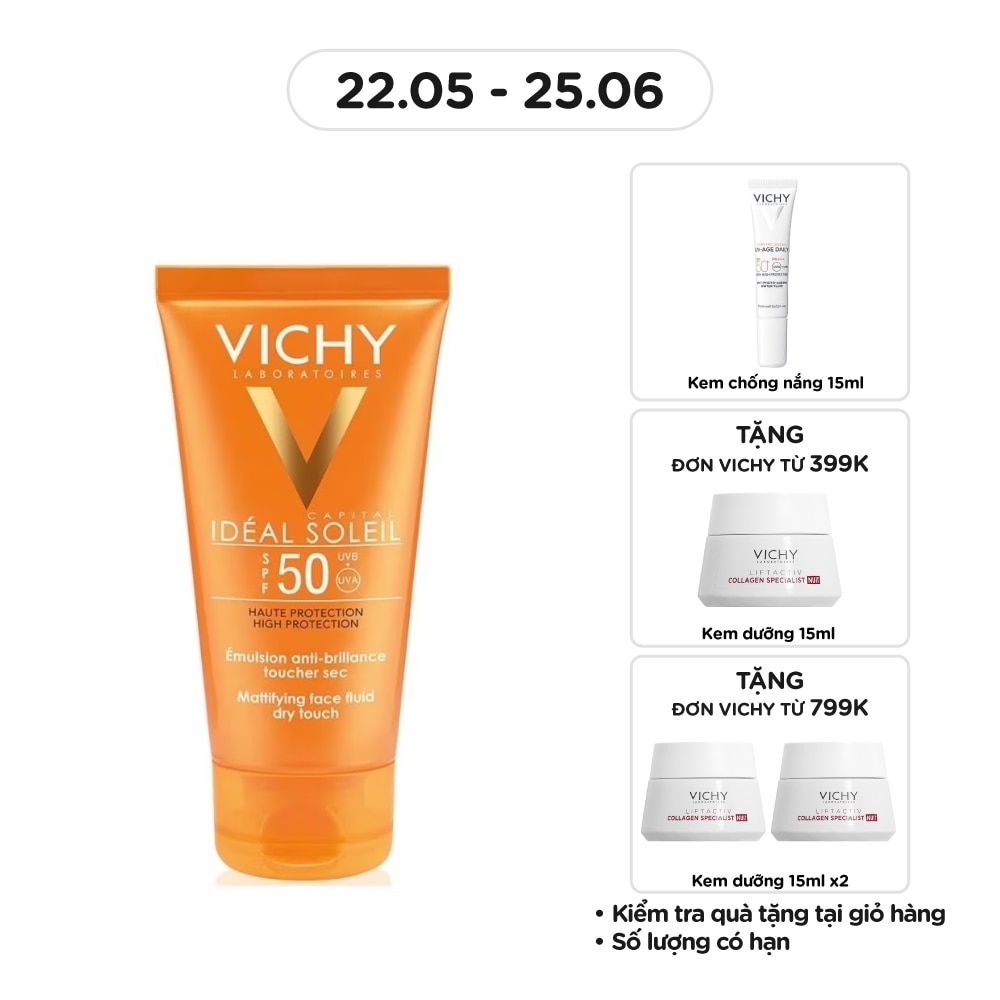 Kem Chống Nắng Vichy Ideal Soleil Bảo Vệ Da Mặt, Không Gây Nhờn Rít SPF50, PA+++ 50ml