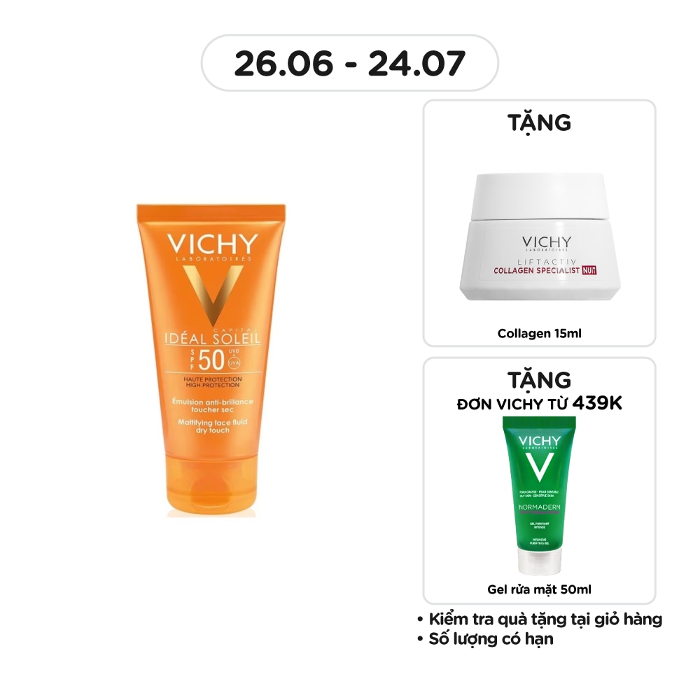Kem Chống Nắng Vichy Ideal Soleil Bảo Vệ Da Mặt, Không Gây Nhờn Rít SPF50, PA+++ 50ml