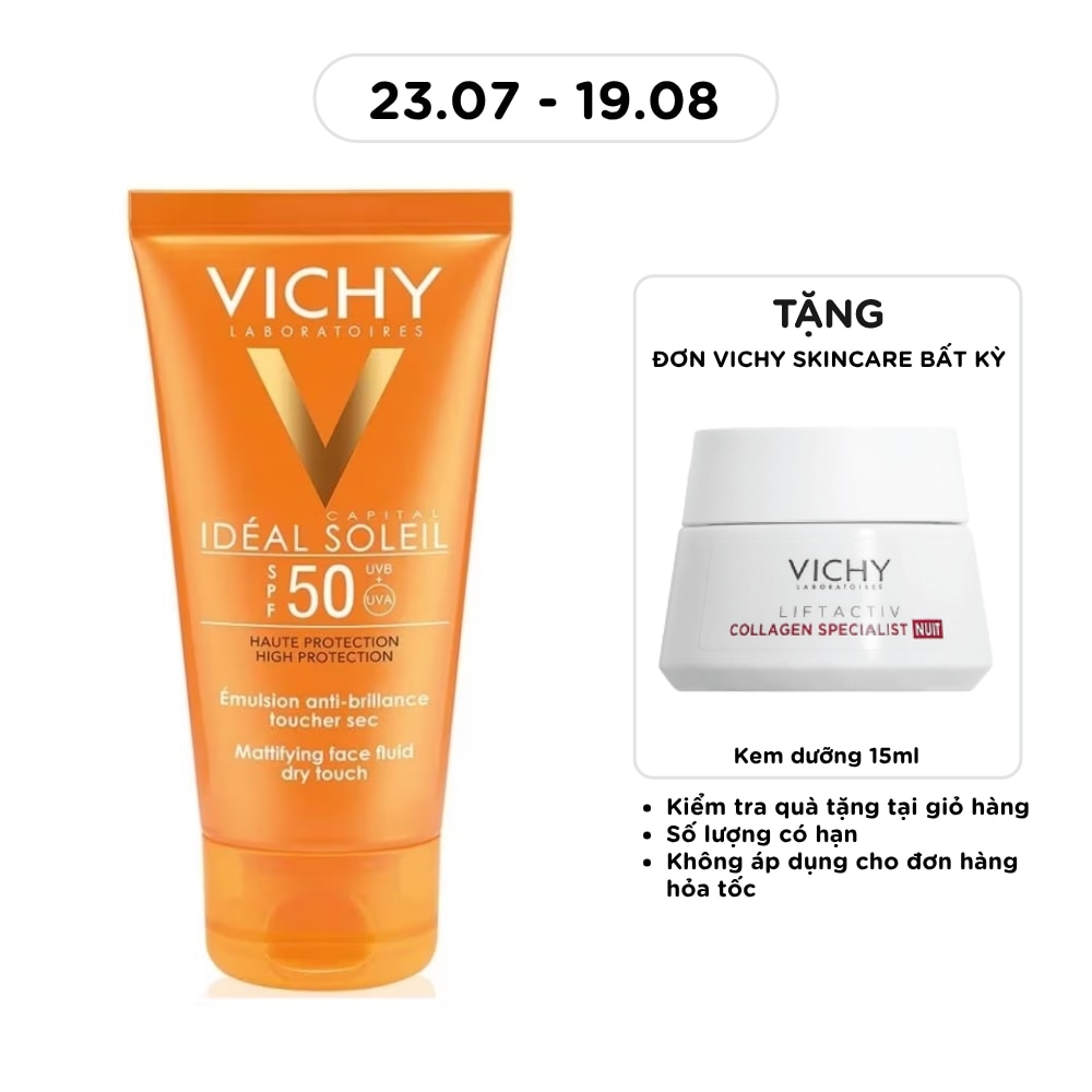 Kem Chống Nắng Vichy Ideal Soleil Bảo Vệ Da Mặt, Không Gây Nhờn Rít SPF50, PA+++ 50ml