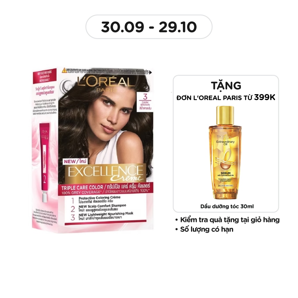 L'OREAL PARIS Kem Nhuộm L'Oreal Paris Haircolor Excellence 172ml.#3 Nâu Đen Tự Nhiên