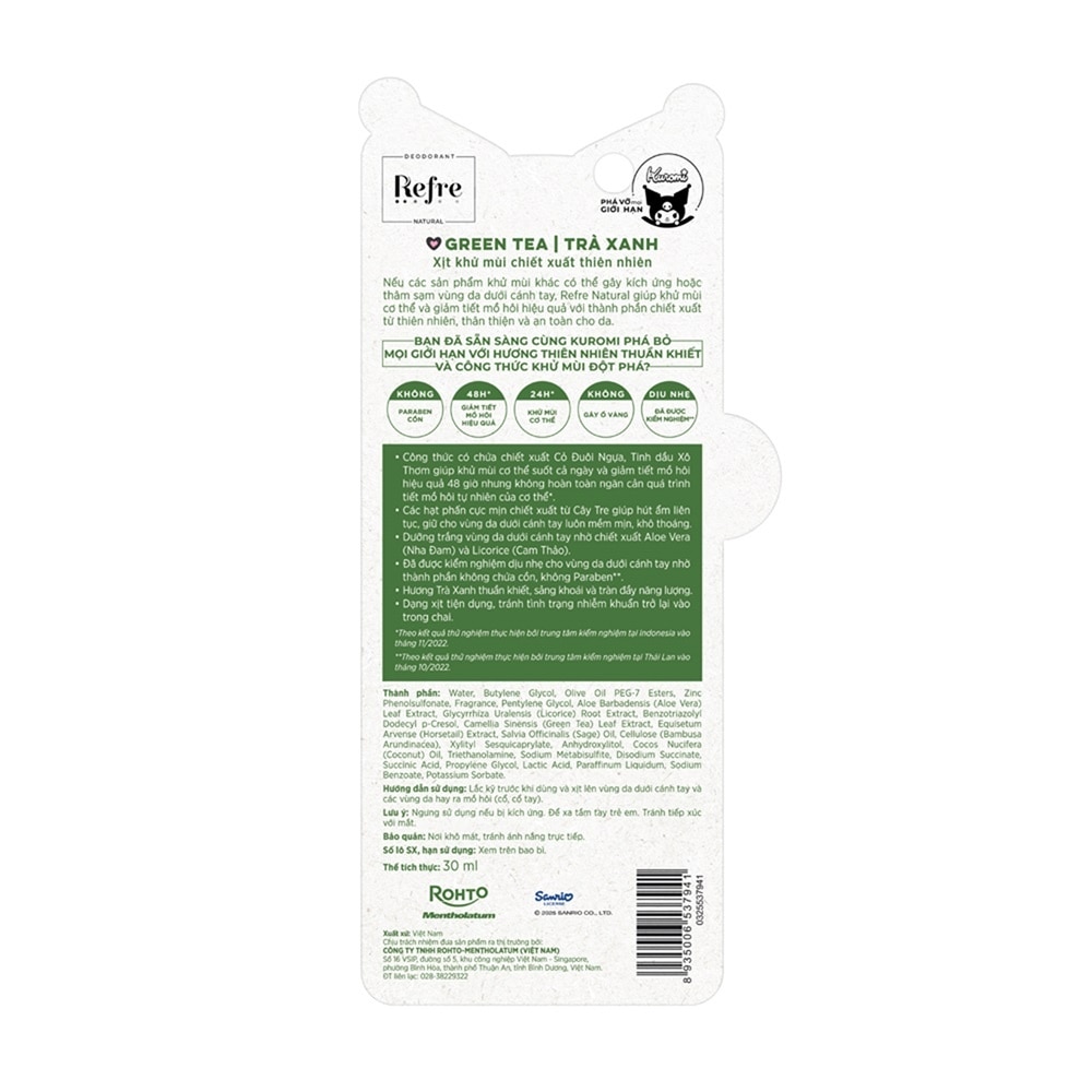 Xịt Khử Mùi Refre Natural 30ml - Hương Trà Xanh
