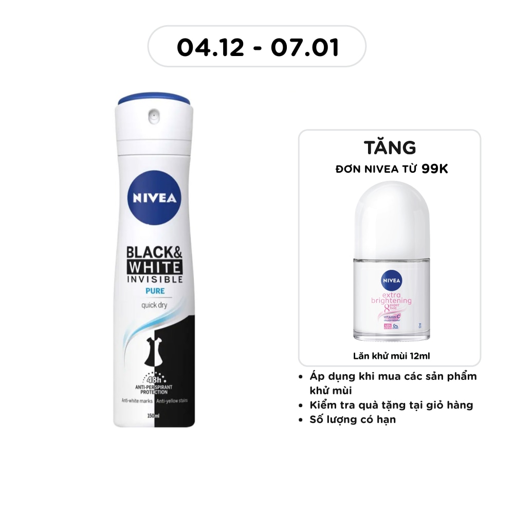 Xịt Ngăn Mùi Nữ Nivea Invisible Black&White Ngăn Vệt Ố Vàng 150ml