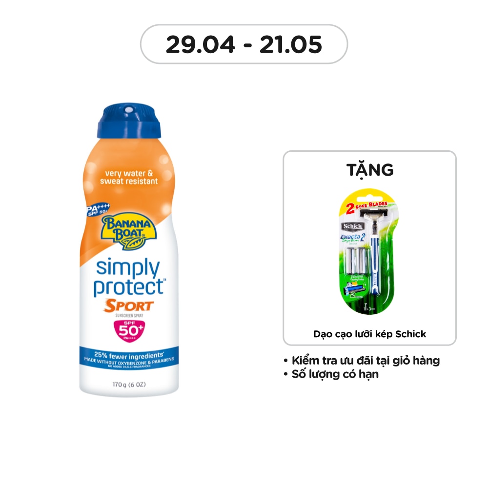 Xịt Chống Nắng Banana Boat Simply Protect Sport SPF50+ PA++++ 170g #Cam