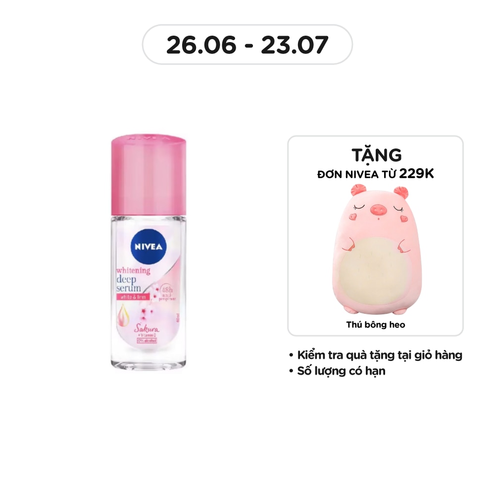 Lăn Ngăn Mùi Nivea Whitening Deep Serum Sakura 0% Alcohol Roll On Hương Hoa Anh Đào 40ml