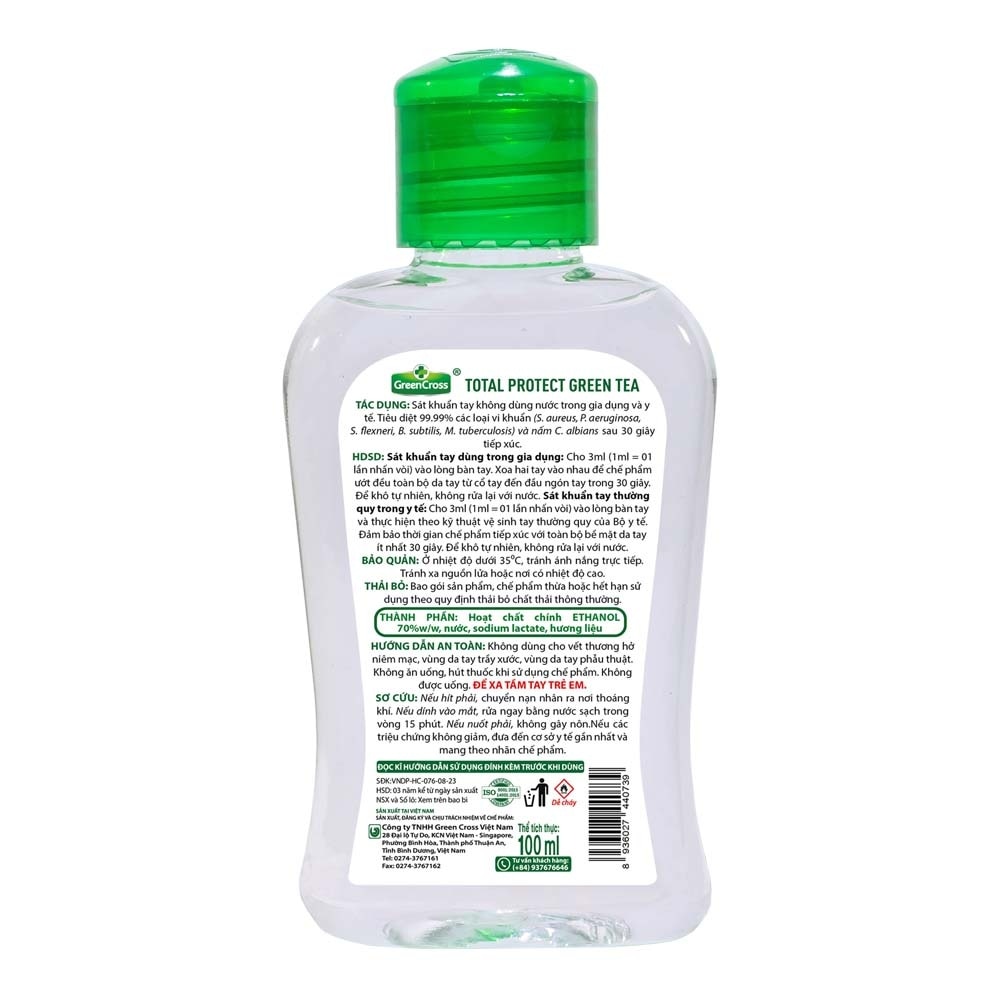 Nước Rửa Tay Khô Green Cross Làm Sạch Tay Kháng Khuẩn Khử Mùi Hương Trà Xanh 100ml