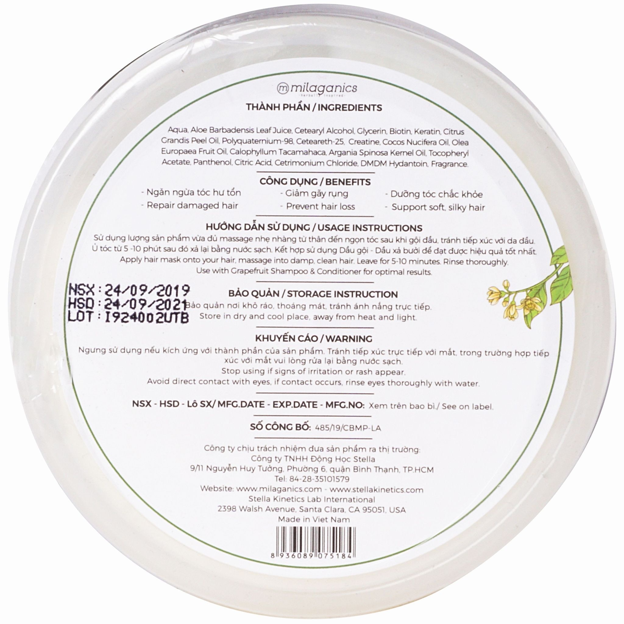 Kem Ủ Tóc Milaganics Bưởi 250g