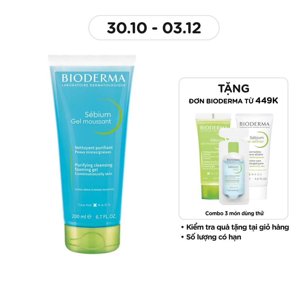 Gel Rửa Mặt Bioderma Sébium Moussant Tạo Bọt Dành Cho Da Hỗn Hợp Và Da Dầu 200ml