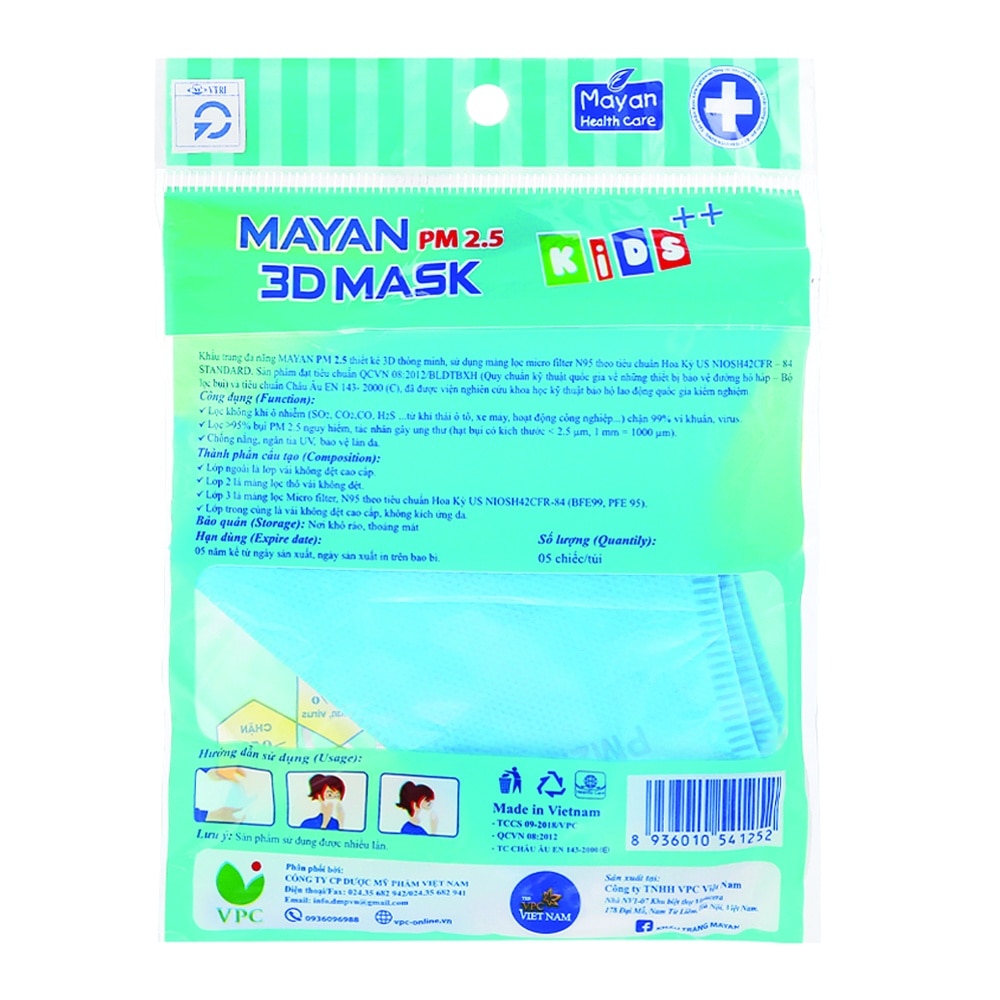 Khẩu Trang Mayan 3DMask Pm2.5 Medi Size S Kids++ Cho Bé 5Chiếc (Màu Ngẫu Nhiên)