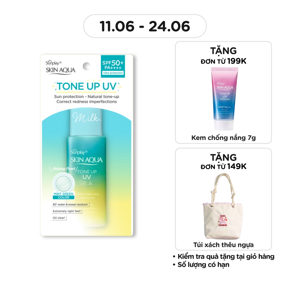 Sữa Chống Nắng Sunplay Skin Aqua Tone Up UV Milk Mint Green SPF50+ PA++++ Pure & Radiant Skin Hiệu Chỉnh Sắc Da 50g