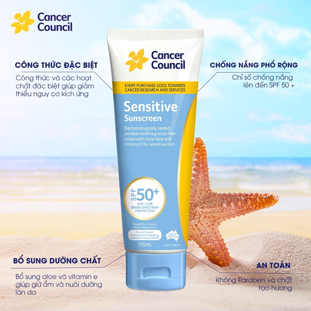 Kem Chống Nắng Cancer Council Sensitive Dành Cho Da Nhạy Cảm SPF50+ UVA-UVB 110ml