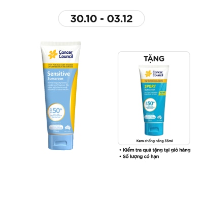 CANCER COUNCIL Kem Chống Nắng Cancer Council Sensitive Dành Cho Da Nhạy Cảm SPF50+ UVA-UVB 110ml