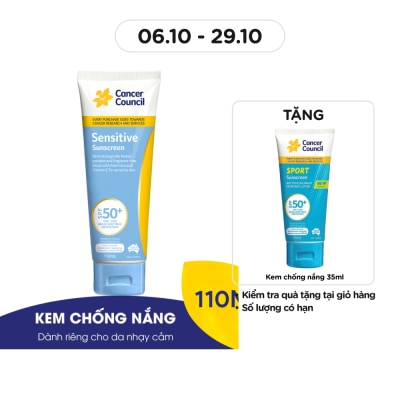 CANCER COUNCIL Kem Chống Nắng Cancer Council Sensitive Dành Cho Da Nhạy Cảm SPF50+ UVA-UVB 110ml