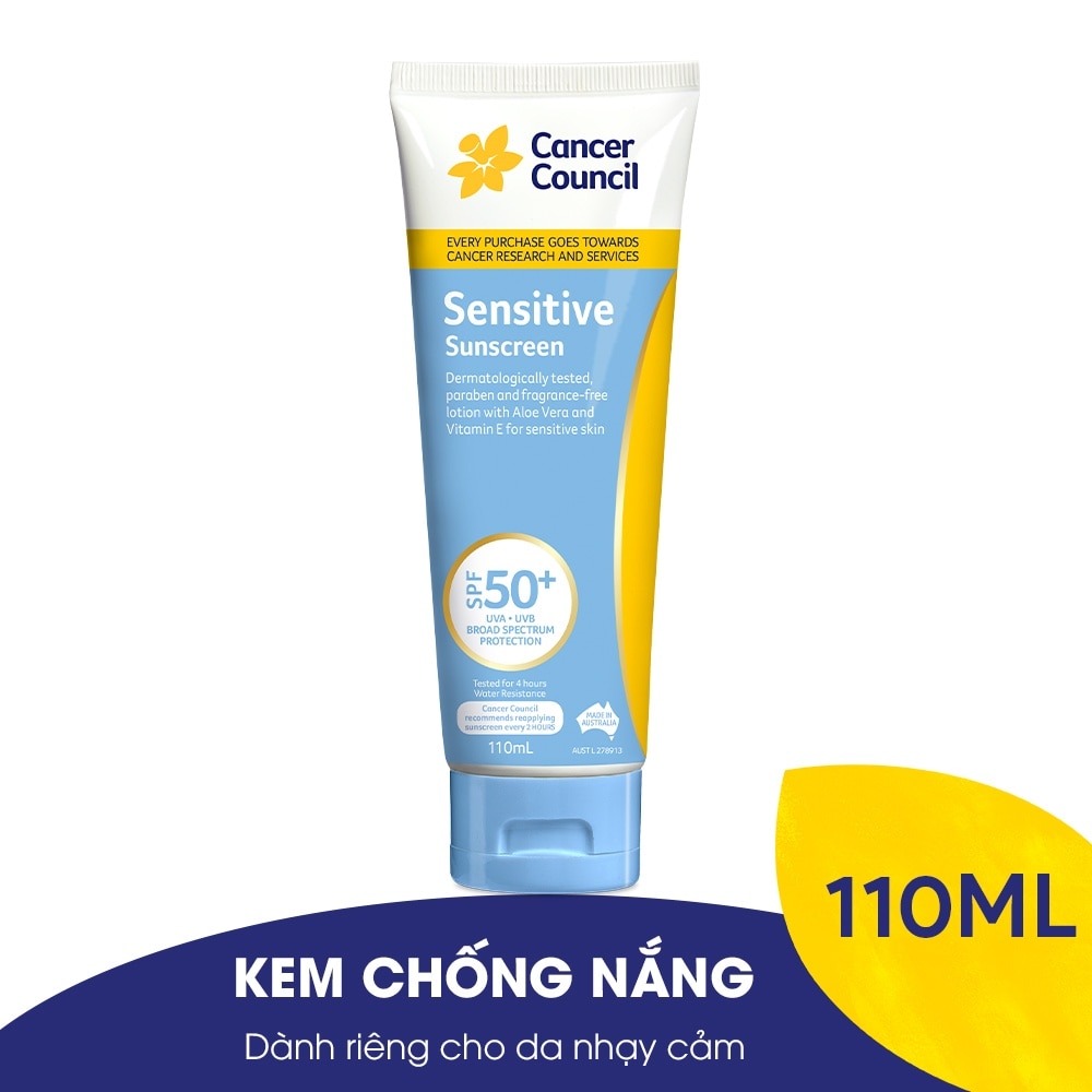 Kem Chống Nắng Cancer Council Sensitive Dành Cho Da Nhạy Cảm SPF50+ UVA-UVB 110ml