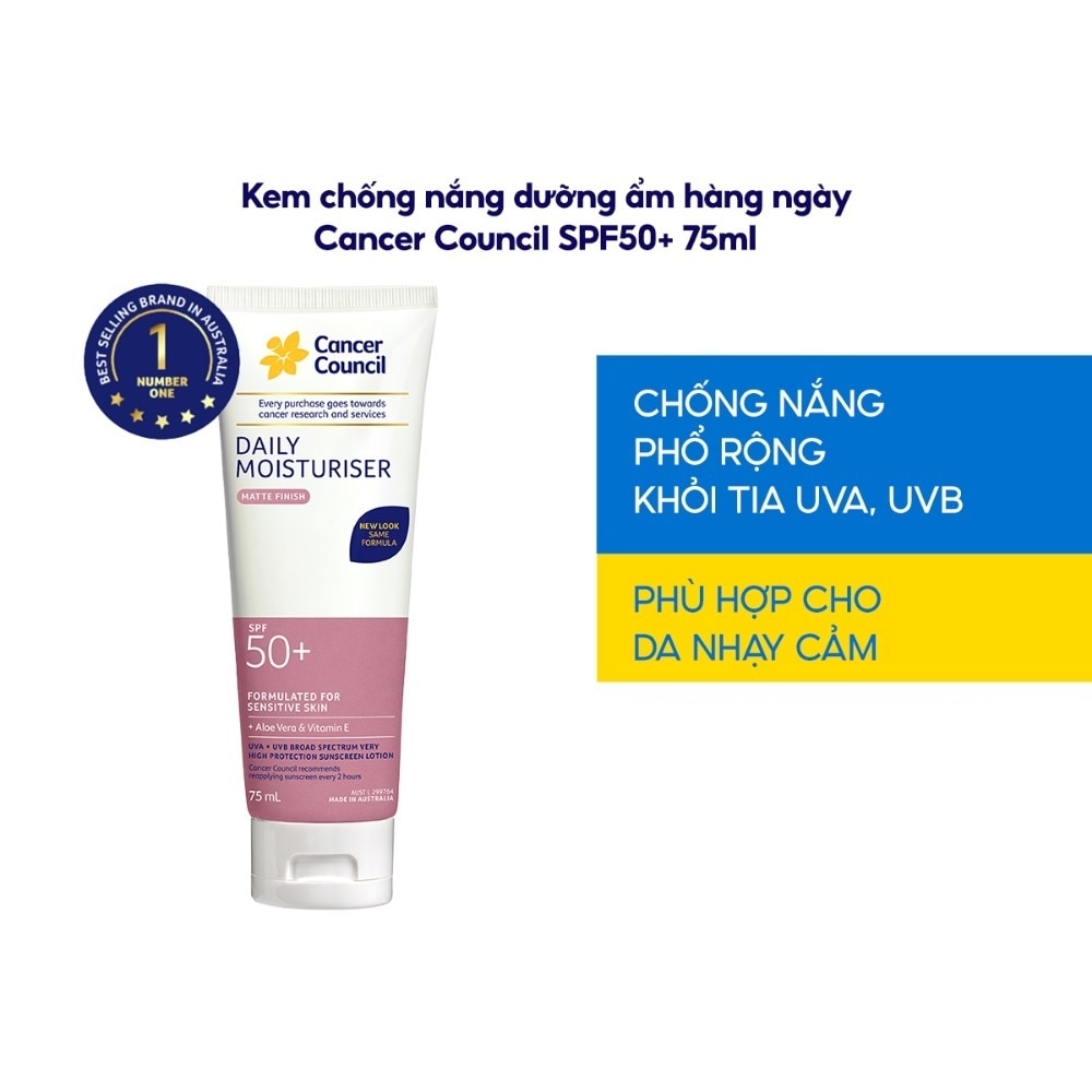 Kem Chống Nắng Cancer Council Face Day Moisturizer Dưỡng Ẩm Dành Cho Da Mặt SPF50+ UVA-UVB 75ml