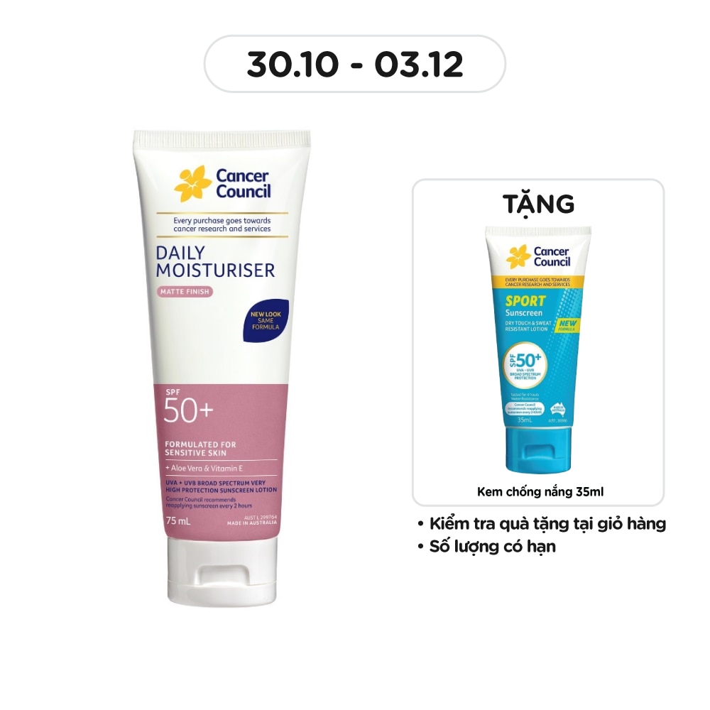 Kem Chống Nắng Cancer Council Face Day Moisturizer Dưỡng Ẩm Dành Cho Da Mặt SPF50+ UVA-UVB 75ml