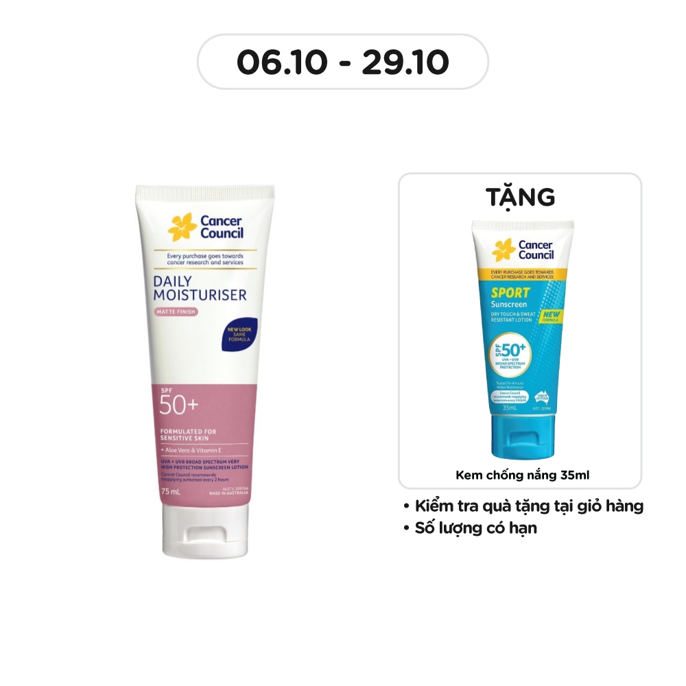 Kem Chống Nắng Cancer Council Face Day Moisturizer Dưỡng Ẩm Dành Cho Da Mặt SPF50+ UVA-UVB 75ml