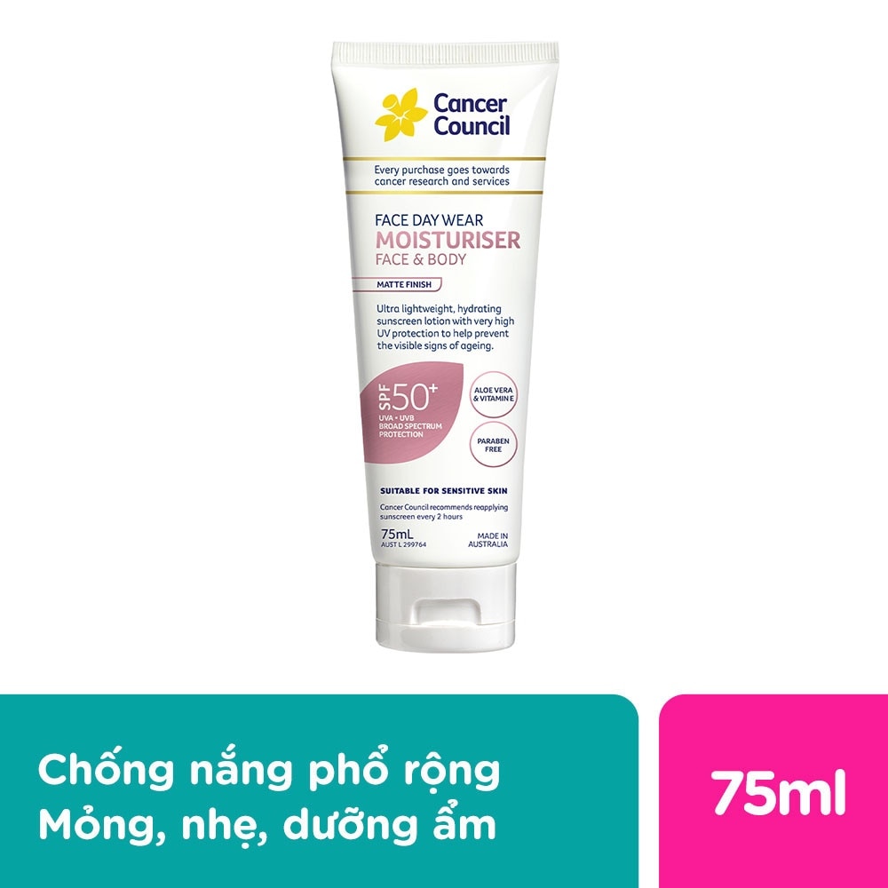 Kem Chống Nắng Cancer Council Face Day Moisturizer Dưỡng Ẩm Dành Cho Da Mặt SPF50+ UVA-UVB 75ml