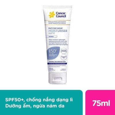 CANCER COUNCIL Kem Chống Nắng Cancer Council Face Day Moisturizer Dưỡng Ẩm & Chống Nước Dành Cho Da Mặt SPF50+ UVA-UVB 75ml