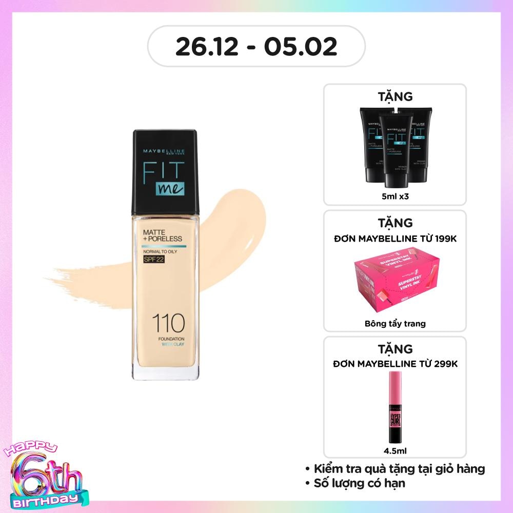 Kem Nền Maybelline New York Fit Me Matte+ Poreless Kiềm Dầu Chống Nắng SPF22 30ml .#110 Porcelain