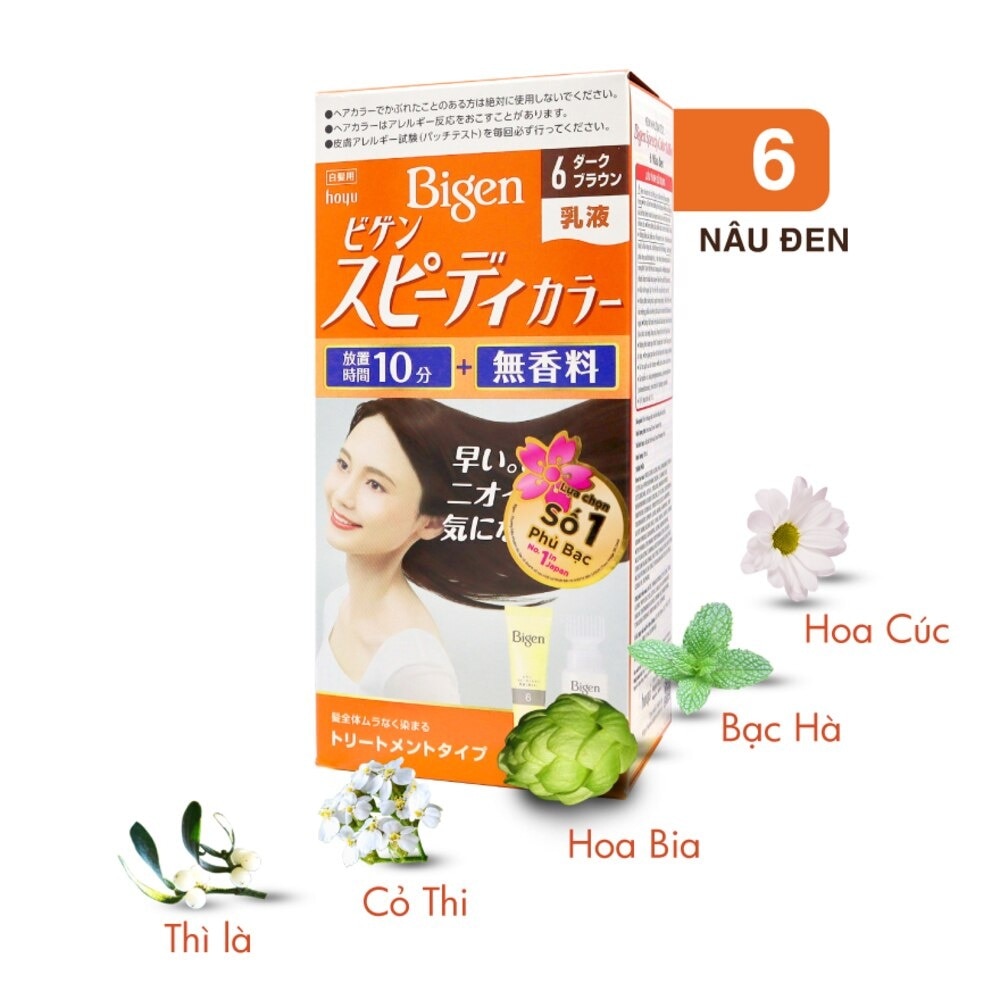 Kem Nhuộm Tóc Phủ Bạc Bigen Speedy Color Milky 60ml + 40g .#6 Nâu Đen