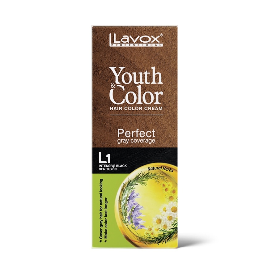 Nhuộm Phủ Bạc Lavox Youth & Color Hair Color Cream 60ml x 2 .#L1 Intensive Black Đen Tuyền
