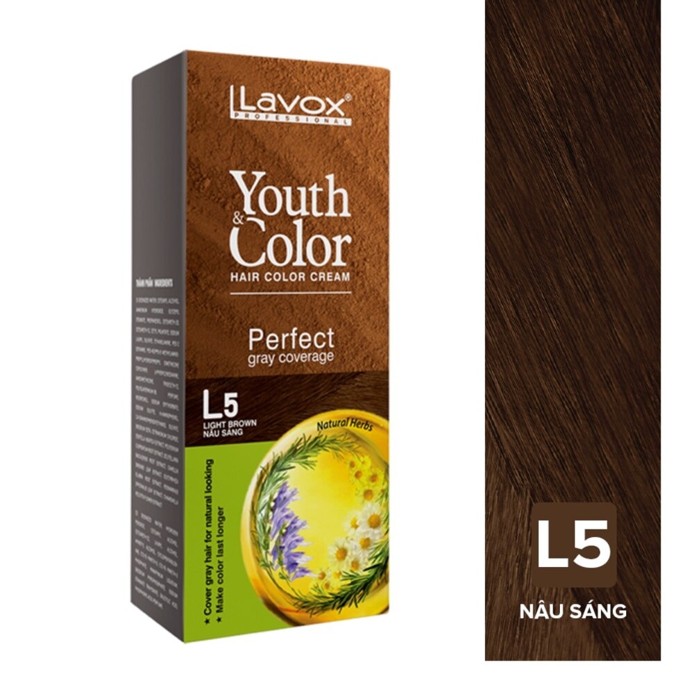 Nhuộm Phủ Bạc Lavox Youth & Color Hair Color Cream 60ml x 2 .#L5 Light Brown Nâu Sáng