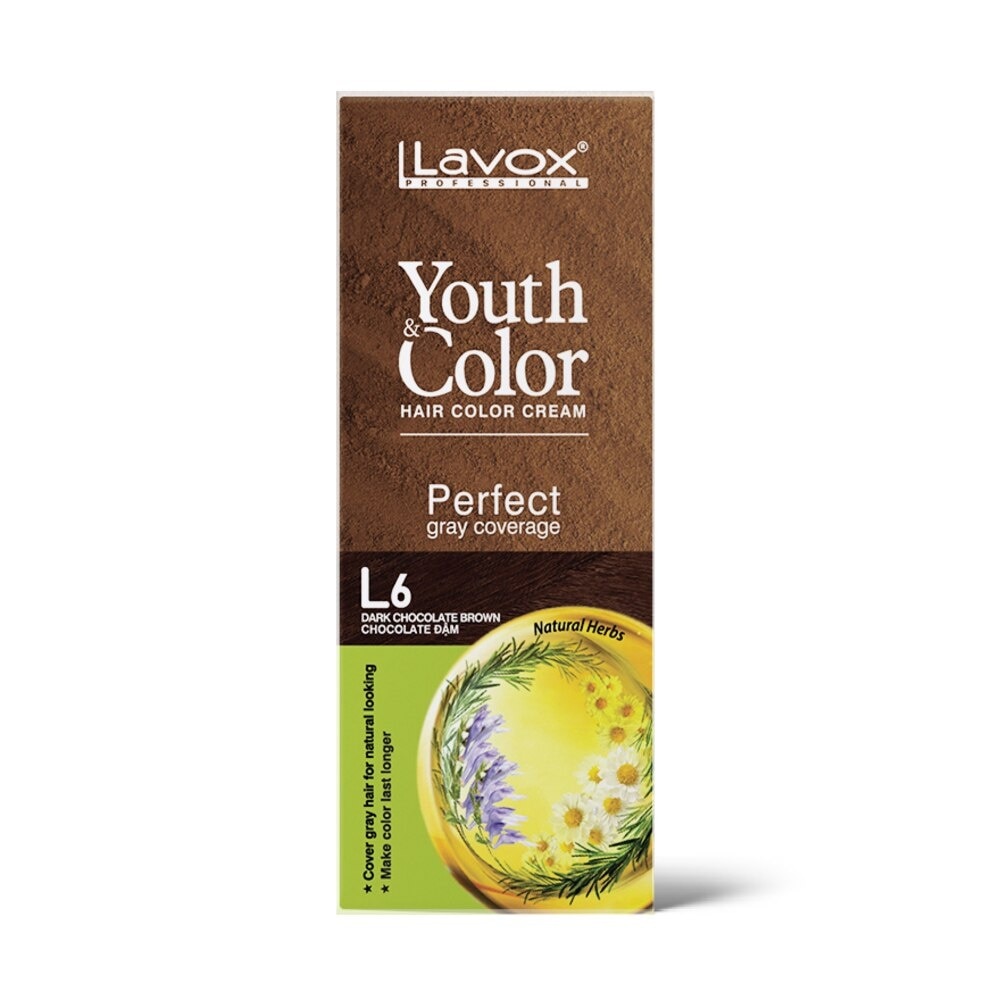 Nhuộm Phủ Bạc Lavox Youth & Color Hair Color Cream 60ml x 2 .#L6 Dark Chocolate Brown Chocolate Đậm