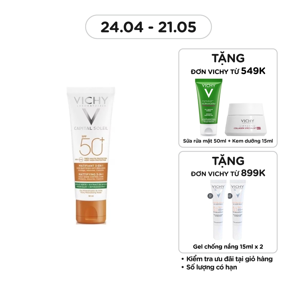 Kem Chống Nắng Vichy Capital Soleil SPF50+ UVB UVA Mattifying 3In1 Chống Ô Nhiễm & Bụi Hàng Ngày 50ml