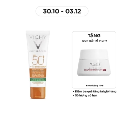 VICHY Kem Chống Nắng Vichy Capital Soleil SPF50+ UVB UVA Mattifying 3In1 Chống Ô Nhiễm & Bụi Hàng Ngày 50ml