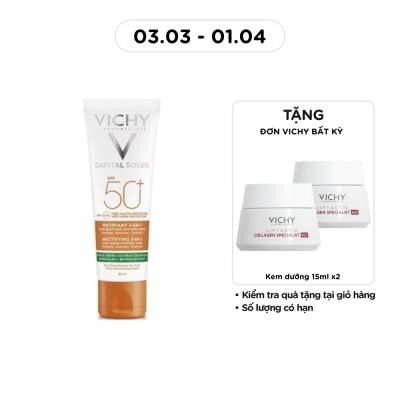 VICHY Kem Chống Nắng Vichy Capital Soleil SPF50+ UVB UVA Mattifying 3In1 Chống Ô Nhiễm & Bụi Hàng Ngày 50ml