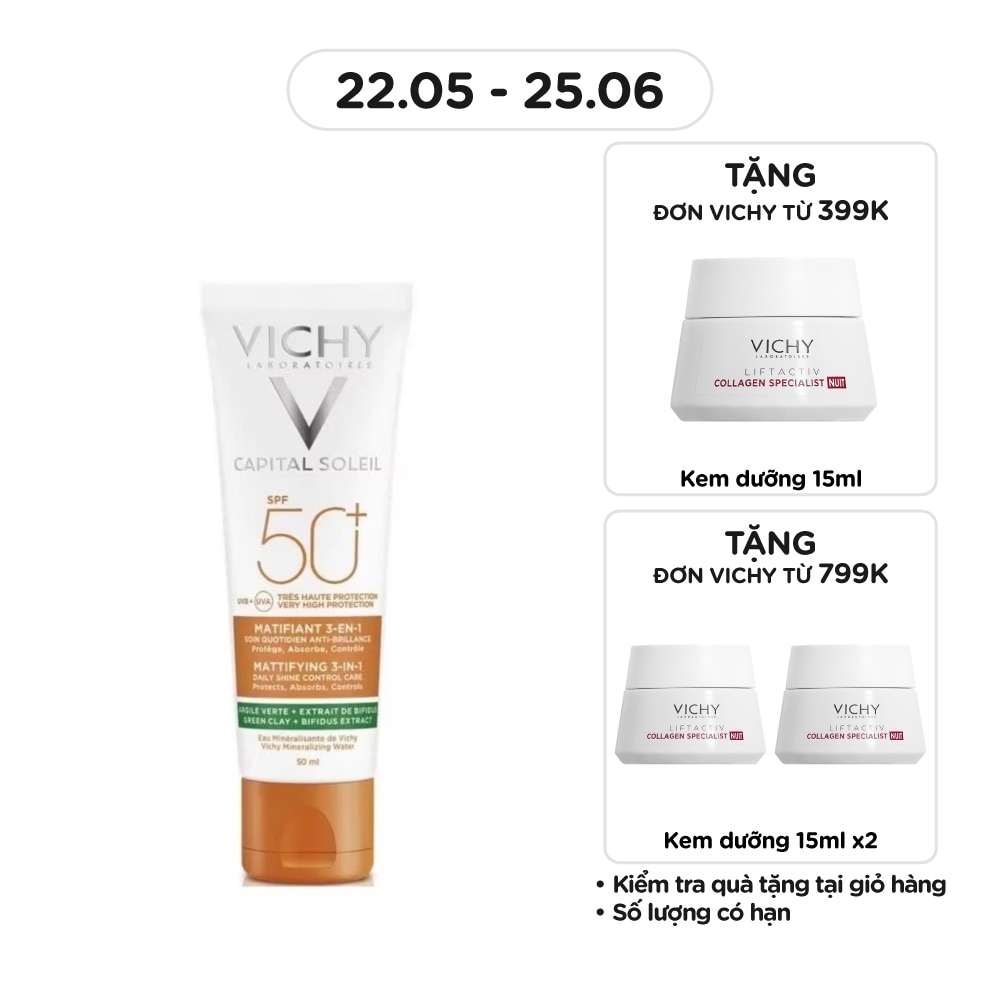 Kem Chống Nắng Vichy Capital Soleil SPF50+ UVB UVA Mattifying 3In1 Chống Ô Nhiễm & Bụi Hàng Ngày 50ml