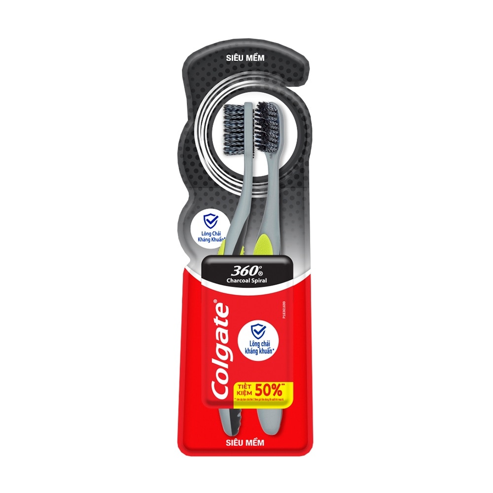 Bộ Bàn Chải Đánh Răng Colgate 360 Charcoal Spiral Lông Chải Siêu Mềm Xoắn Kép Phủ Than 2 Cây