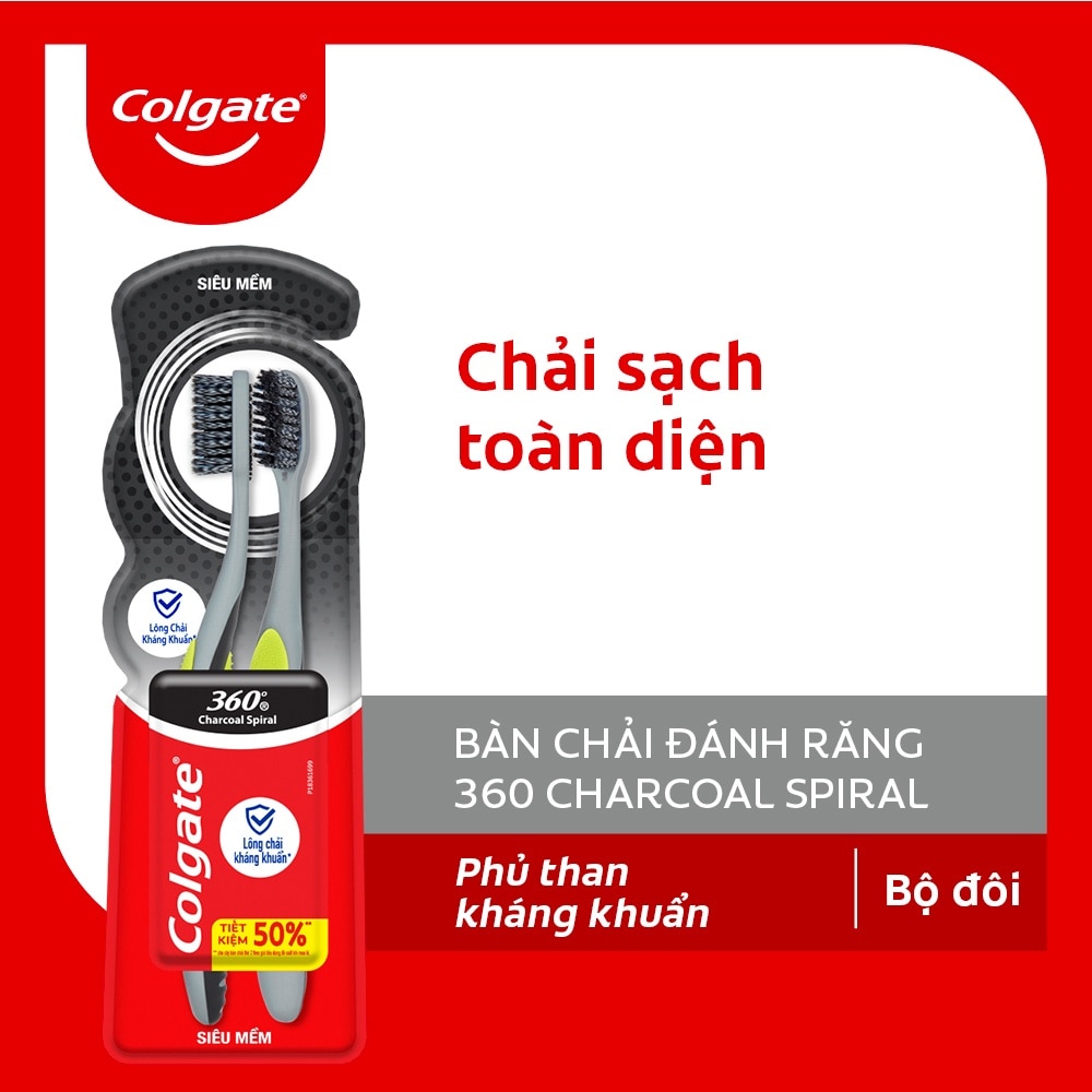 Bộ Bàn Chải Đánh Răng Colgate 360 Charcoal Spiral Lông Chải Siêu Mềm Xoắn Kép Phủ Than 2 Cây