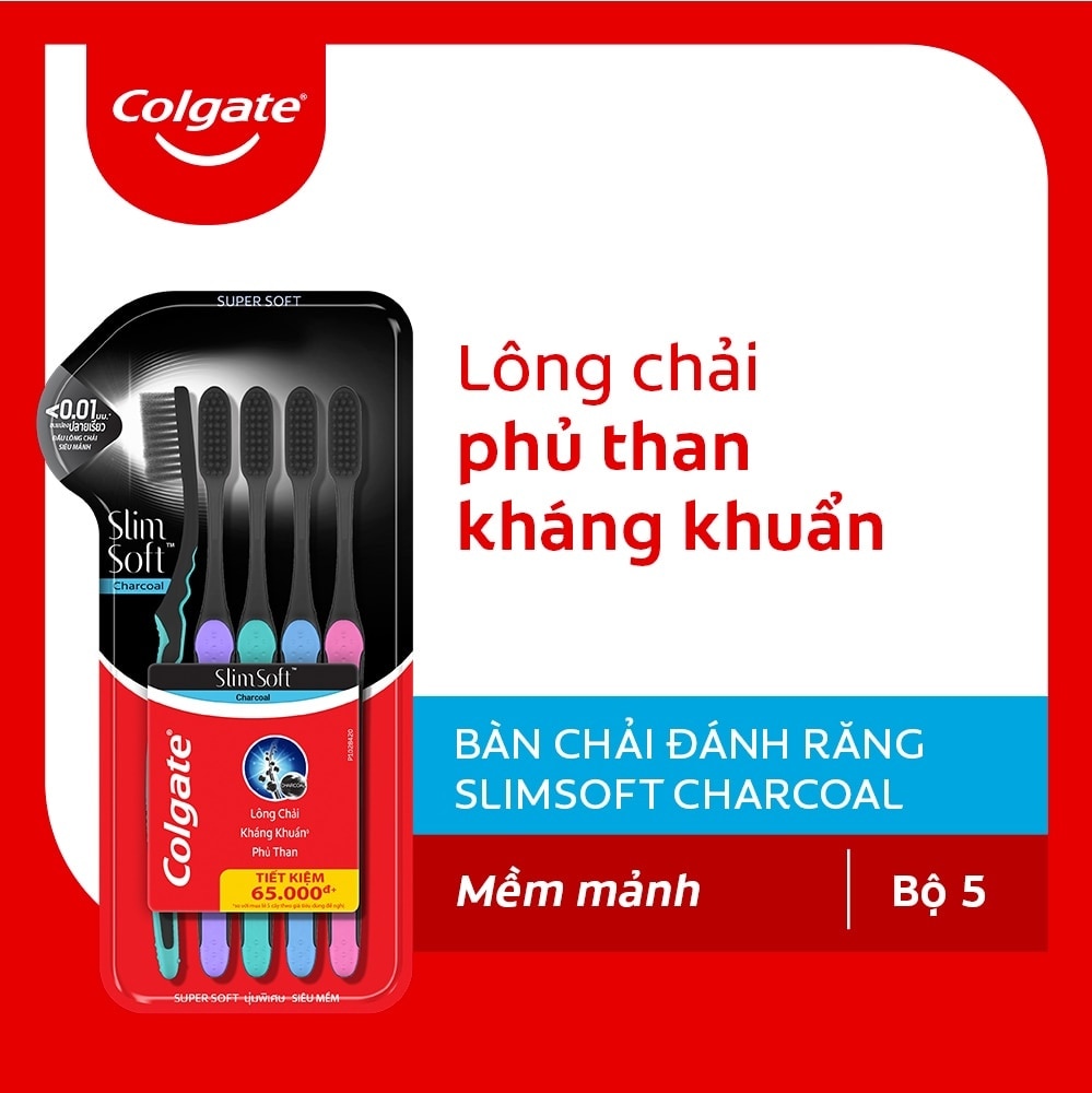 Bộ Bàn Chải Colgate Slim Soft Charcoal Đầu Chải Thon Gọn Siêu Mềm 5 Cây