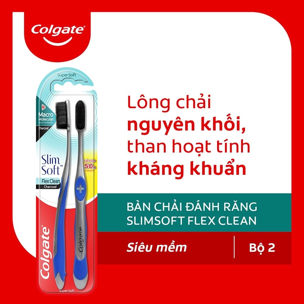 Bộ Bàn Chải Đánh Răng Colgate Flex Clean Charcoal Twin Slim Soft Mềm Mại 2 Cây