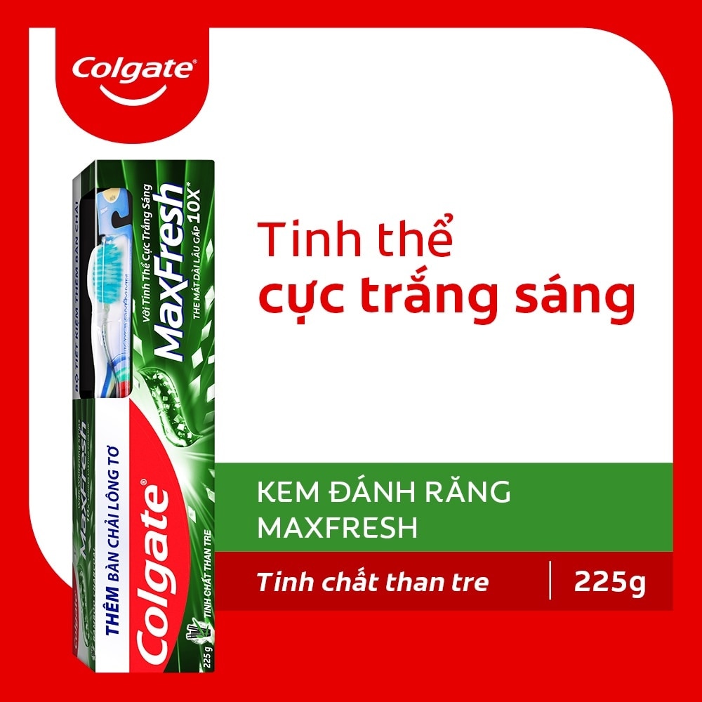 Kem Đánh Răng Colgate Max Fresh Tinh Chất Than Tre Tinh Thể Trắng Sáng 225g + Bàn Chải Lông Tơ