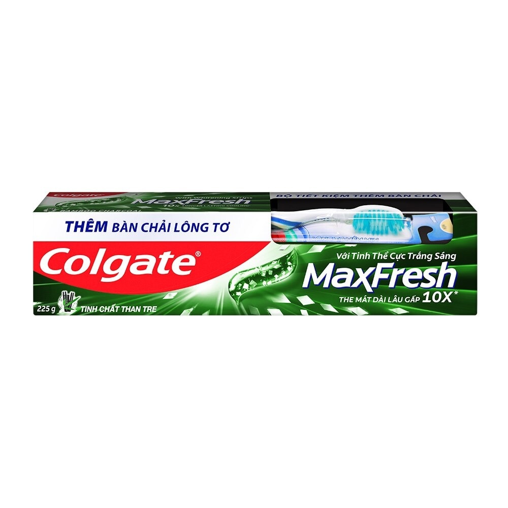 Kem Đánh Răng Colgate Max Fresh Tinh Chất Than Tre Tinh Thể Trắng Sáng 225g + Bàn Chải Lông Tơ