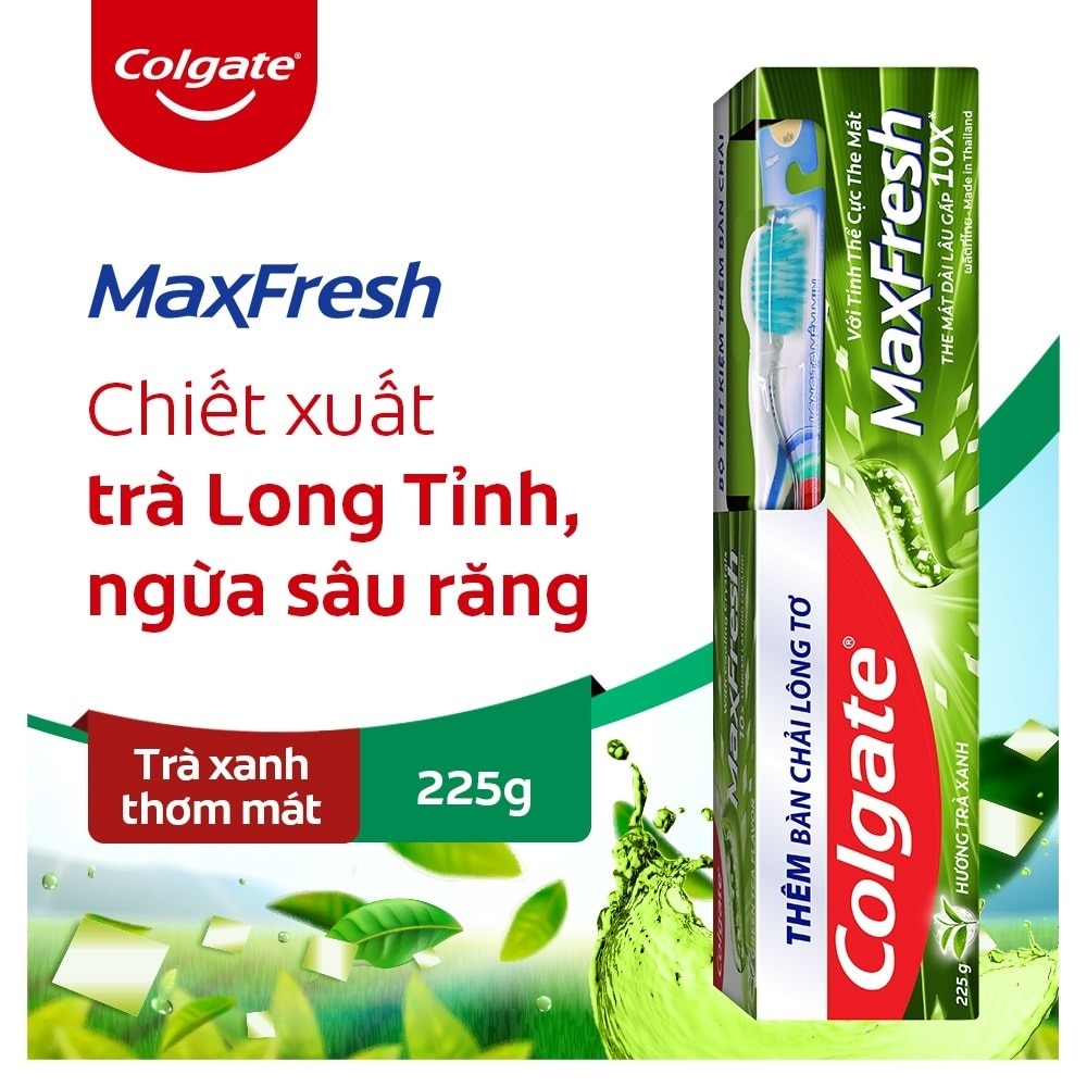 Kem Đánh Răng Colgate Max Fresh Trà Xanh Tinh Thể Cực Mát 225g + Bàn Chải Lông Tơ Phủ Than