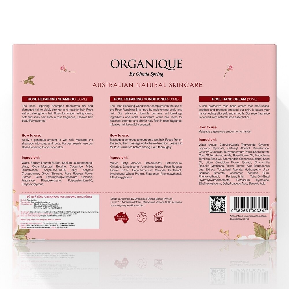 Bộ Quà Tặng Organique Rose Hương Hoa Hồng (Dầu Gội 50ml + Dầu Xả 50ml + Kem Dưỡng Tay 30ml)