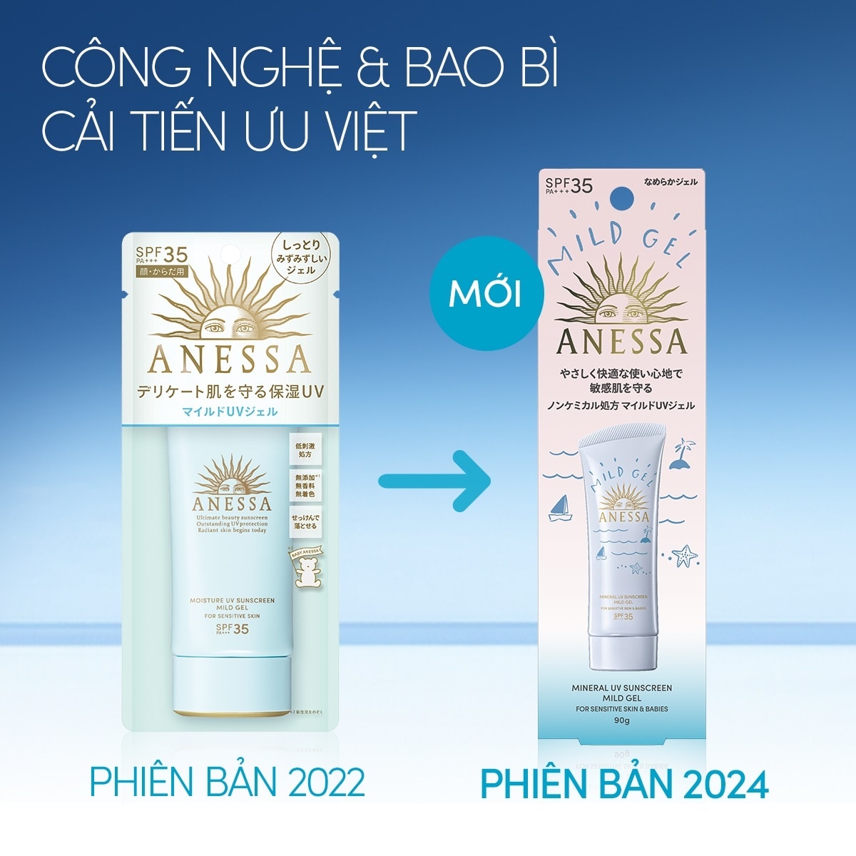 Gel Chống Nắng Anessa Moisture UV Sunscreen Mild Dịu Nhẹ Cho Da Nhạy Cảm & Trẻ Em SPF35 PA+++ 90g