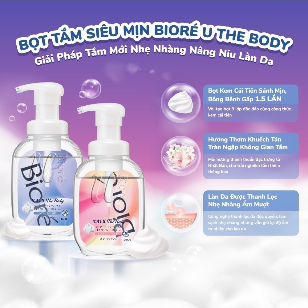 Bọt Tắm Siêu Mịn Biore U The Body Foaming Body Wash Purely Savon Thanh Lọc Thuần khiết 540ml