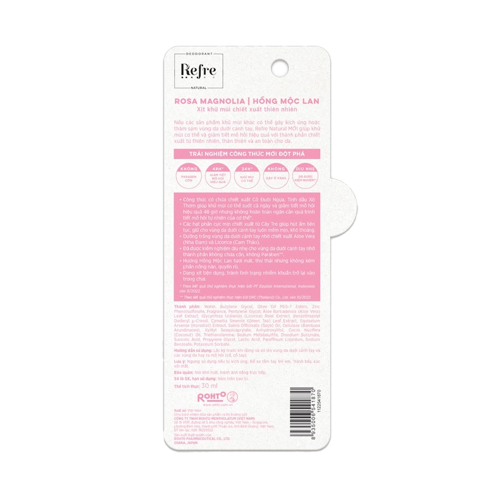 Xịt Khử Mùi Refre Natural Chiết Xuất Thiên Nhiên - Hồng Mộc Lan Rosa Magnolia 30ml