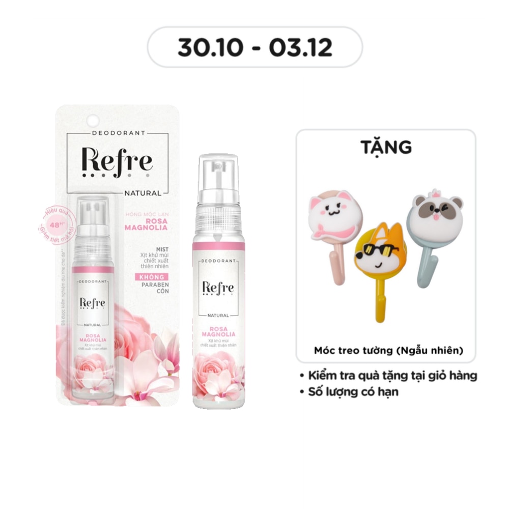 Xịt Khử Mùi Refre Natural Chiết Xuất Thiên Nhiên - Hồng Mộc Lan Rosa Magnolia 30ml