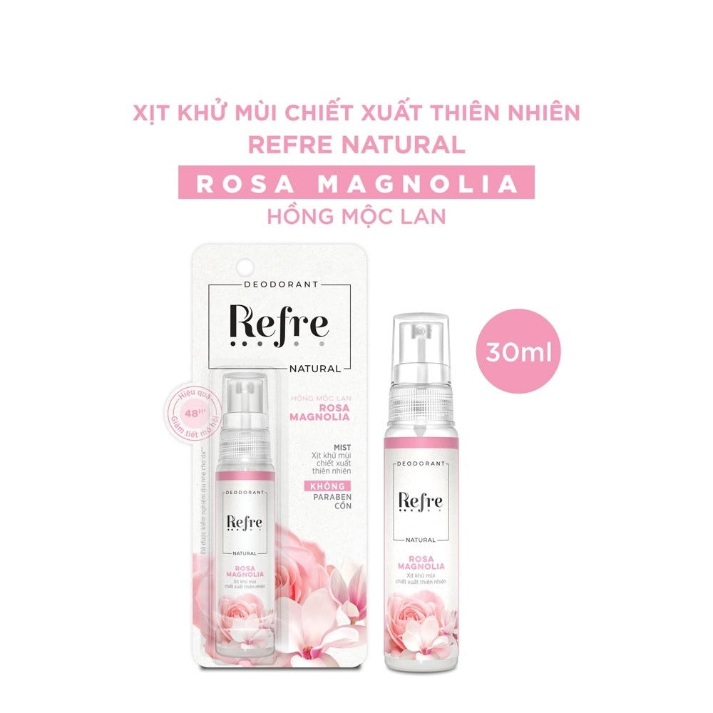 Xịt Khử Mùi Refre Natural Chiết Xuất Thiên Nhiên - Hồng Mộc Lan Rosa Magnolia 30ml